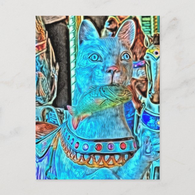 Sushi a Cat With a Fish on a Merry Go Round Postcard (Front)