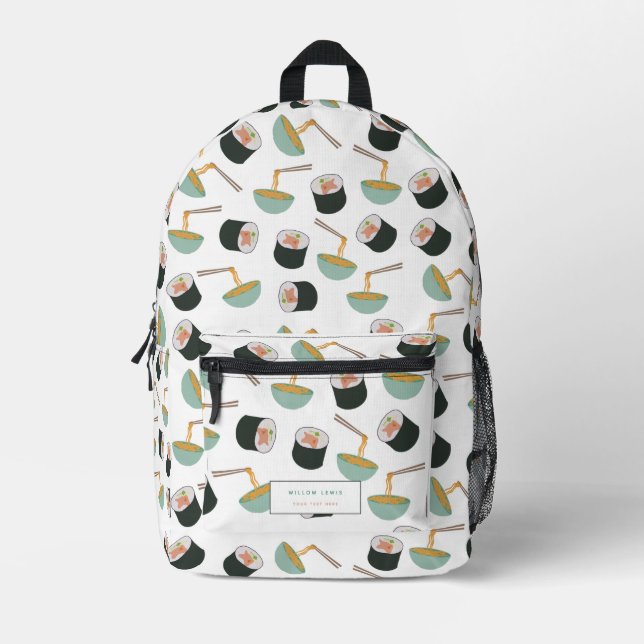 Sushi and Noodles Pattern Custom Name School Printed Backpack (Front)