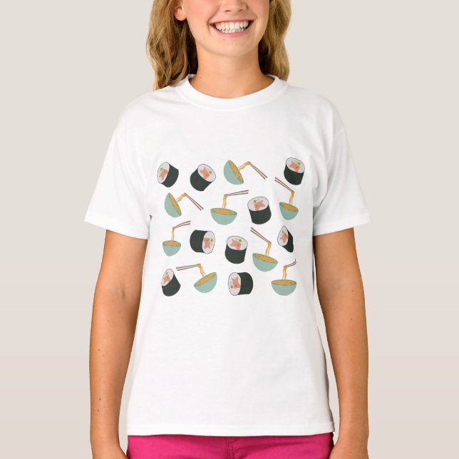 Sushi and Noodles Pattern T-Shirt (Front)
