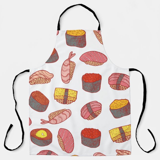 Sushi and rolls seamless pattern. Doodle cartoon c Apron (Front)