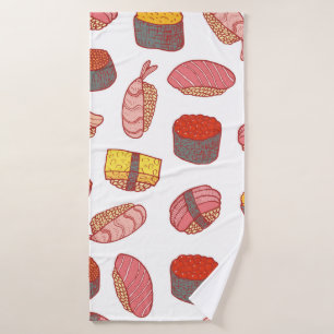 Sushi and rolls seamless pattern. Doodle cartoon c Bath Towel