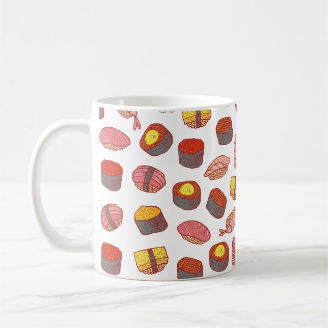 Sushi and rolls seamless pattern. Doodle cartoon c Coffee Mug (Left)