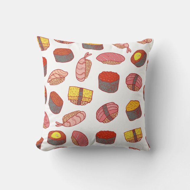 Sushi and rolls seamless pattern. Doodle cartoon c Cushion (Front)