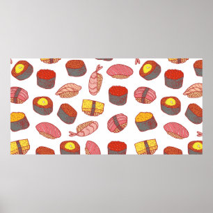 Sushi and rolls seamless pattern. Doodle cartoon c Poster