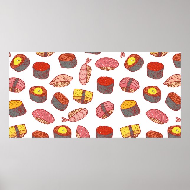 Sushi and rolls seamless pattern. Doodle cartoon c Poster (Front)
