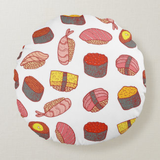 Sushi and rolls seamless pattern. Doodle cartoon c Round Cushion