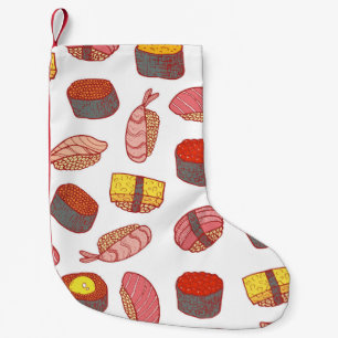 Sushi and rolls seamless pattern. Doodle cartoon c Small Christmas Stocking