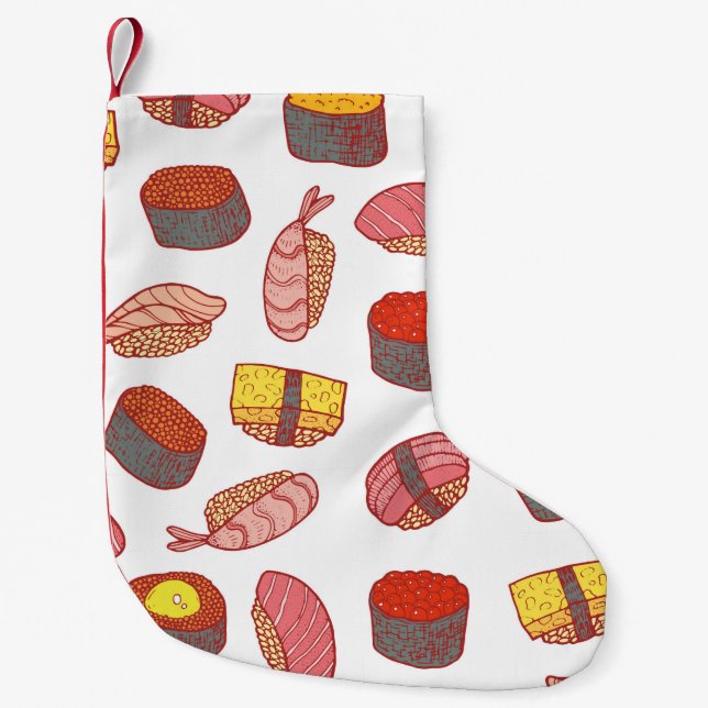 Sushi and rolls seamless pattern. Doodle cartoon c Small Christmas Stocking (Front)