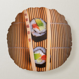 Sushi and wooden chopsticks round cushion