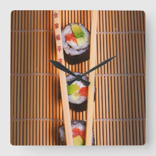 Sushi and wooden chopsticks square wall clock