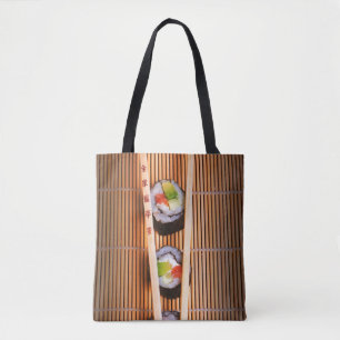 Sushi and wooden chopsticks tote bag