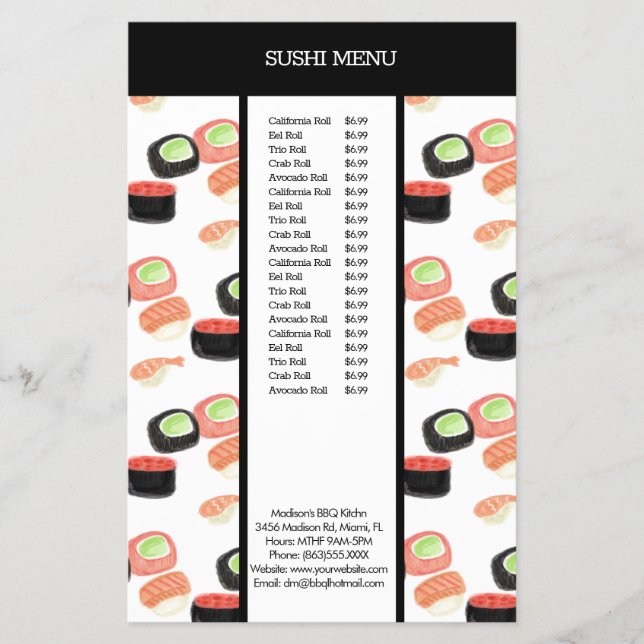 Sushi Asian Restaurant Watercolor Pattern Menu (Front)
