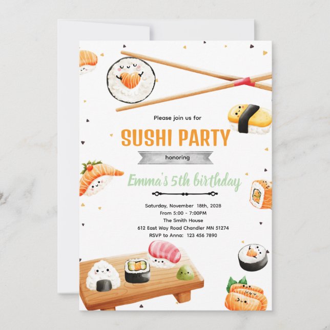 Sushi birthday kid party invitation (Front)