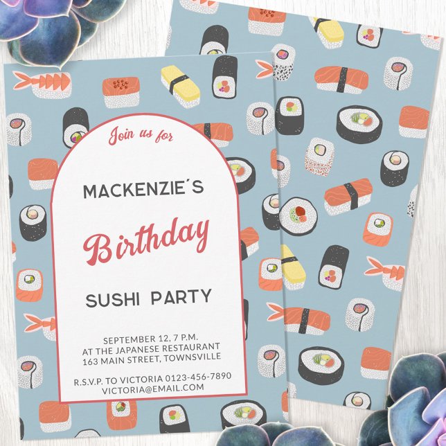 Sushi Birthday Party Invitation (Fun Japanese sushi food art themed birthday party invitation with personalized custom text)
