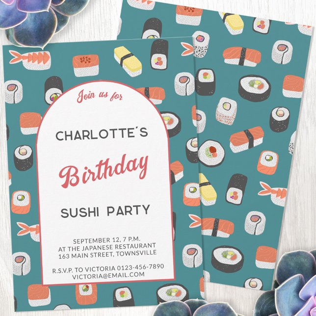 Sushi Birthday Party Invitation (Japanese sushi themed personalized birthday party invitation with custom text)