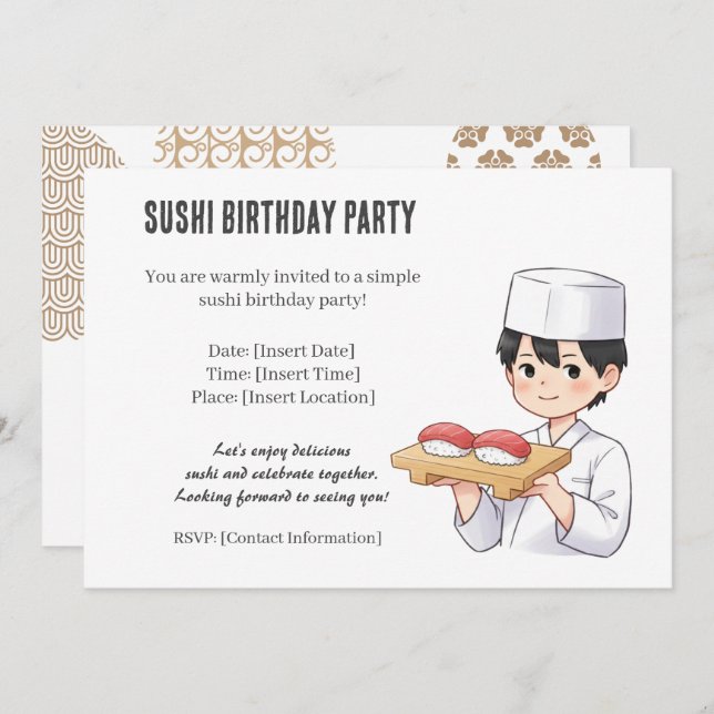 Sushi Birthday Party Invitation with Cute Anime  (Front/Back)