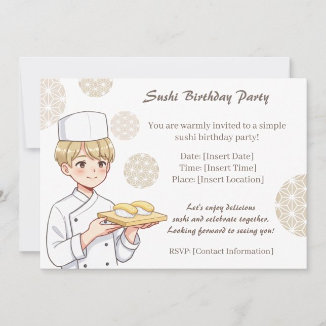Sushi Birthday Party Invitation with Cute Anime  (Front)