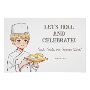 Sushi Birthday Party Invitation with Cute Anime  Poster