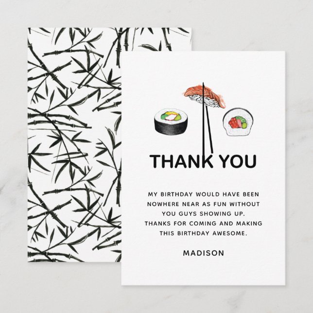 Sushi Birthday Party Modern Personalised Thank You Card (Front/Back)