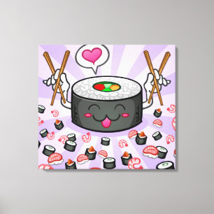 Sushi Cartoon Character Eating Lots of Shrimp Canvas Print