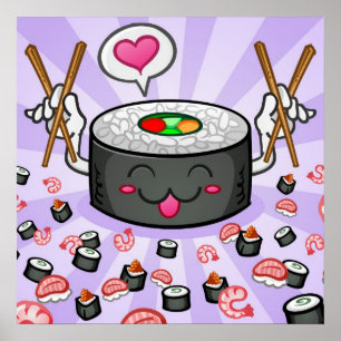 Sushi Cartoon Character Eating Lots of Shrimp Poster