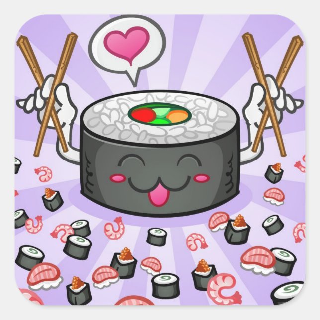 Sushi Cartoon Character Eating Lots of Shrimp Square Sticker (Front)