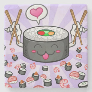Sushi Cartoon Character Eating Lots of Shrimp Stone Coaster