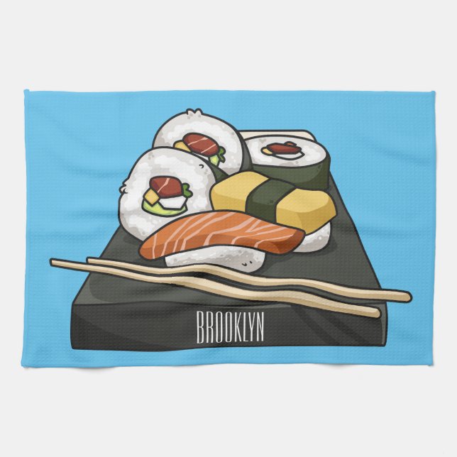Sushi cartoon illustration  tea towel (Horizontal)