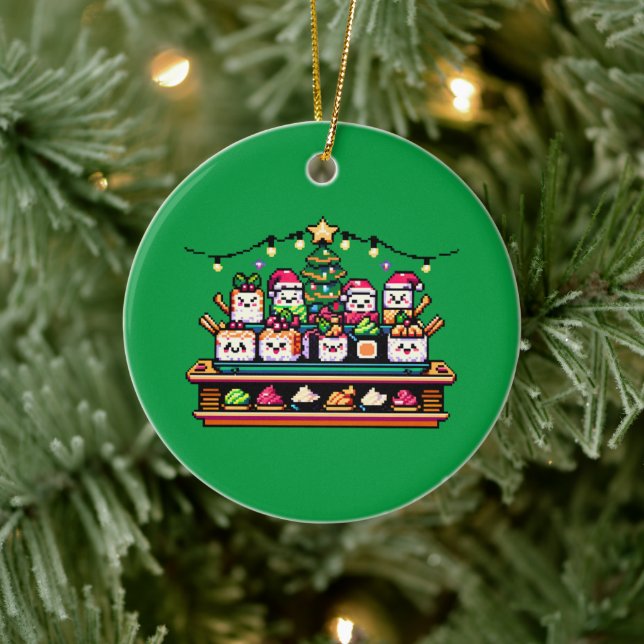 Sushi Christmas Celebration - Festive 8-Bit Design Ceramic Tree Decoration (Tree)