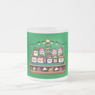 Sushi Christmas Celebration - Festive 8-Bit Design Frosted Glass Coffee Mug