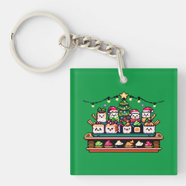Sushi Christmas Celebration - Festive 8-Bit Design Key Ring (Front)