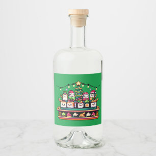 Sushi Christmas Celebration - Festive 8-Bit Design Liquor Bottle Label