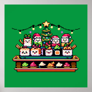 Sushi Christmas Celebration - Festive 8-Bit Design Poster