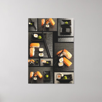 Sushi collection on black background canvas print