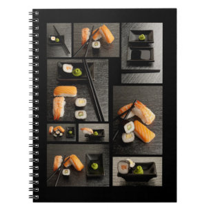 Sushi collection on black background notebook