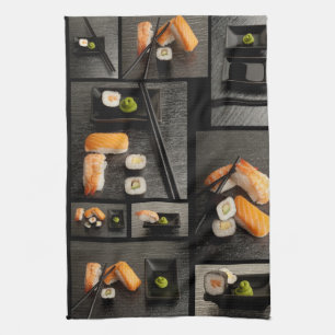Sushi collection on black background tea towel