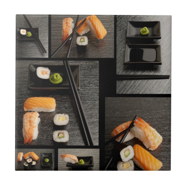 Sushi collection on black background tile (Front)
