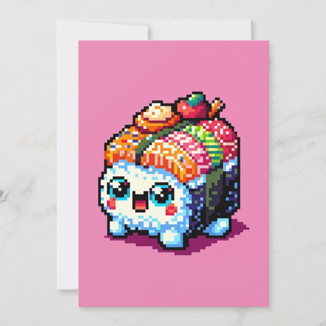 Sushi Companion - Playful Pixelated Culinary Art Holiday Card (Front)