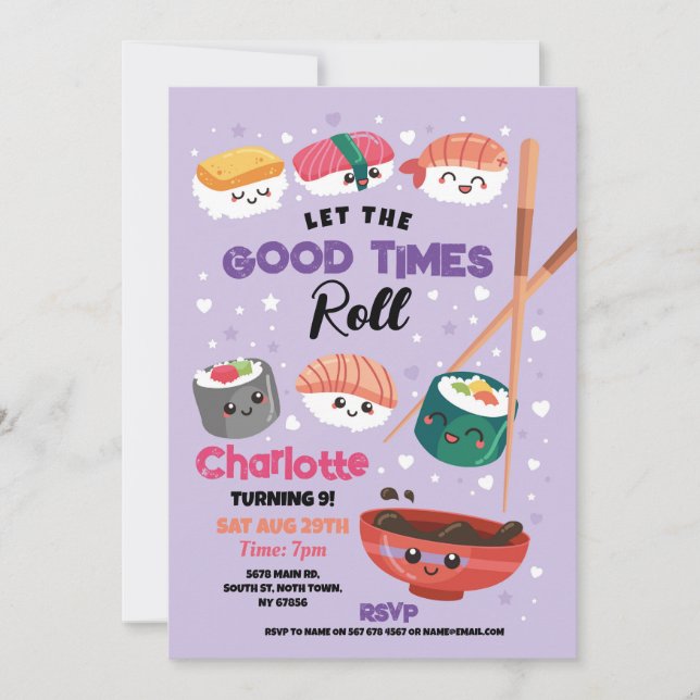 Sushi Dinner Girls Japanese Birthday Party Purple Invitation (Front)