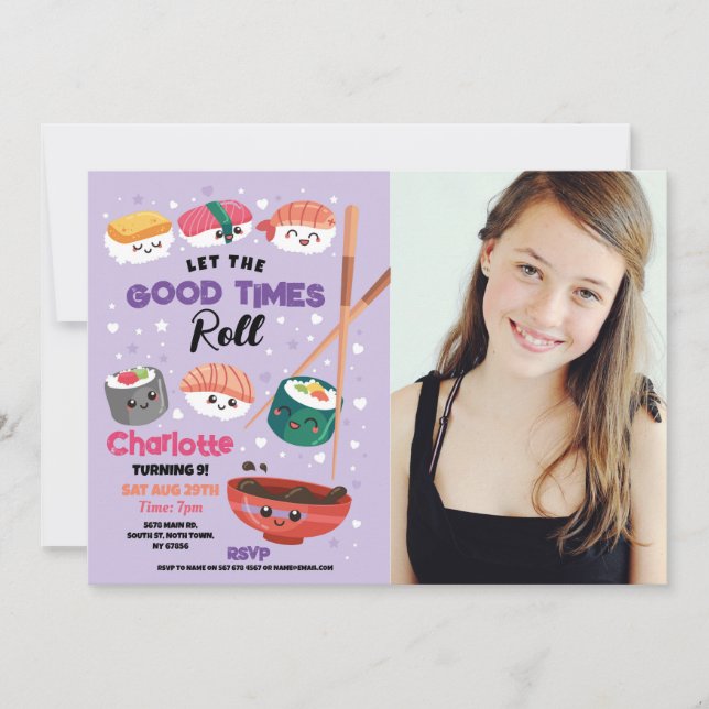 Sushi Dinner Girls Japanese Birthday Party Purple Invitation (Front)