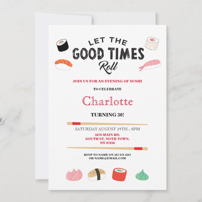 Sushi Dinner Lunch Japanese Birthday Party Invite (Front)