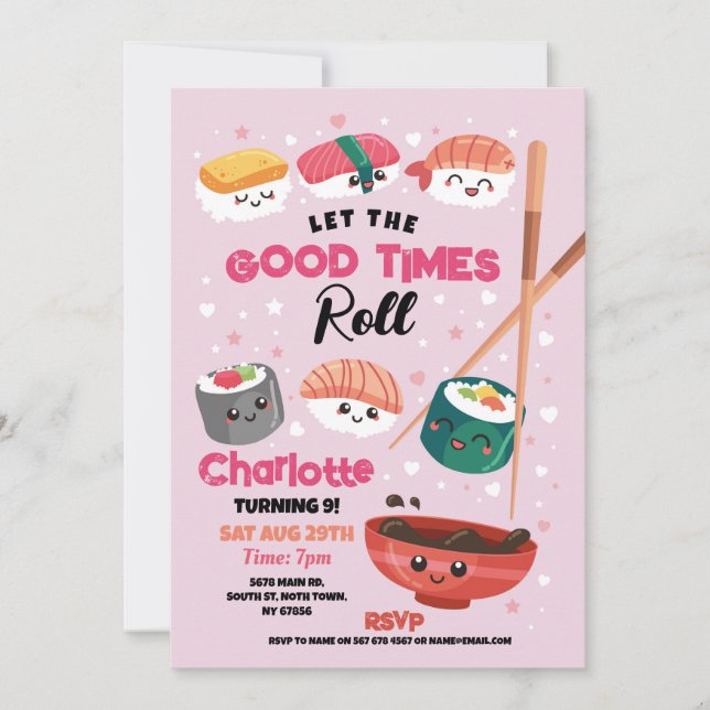 Sushi Dinner Pink Girls Japanese Birthday Party Invitation (Front)