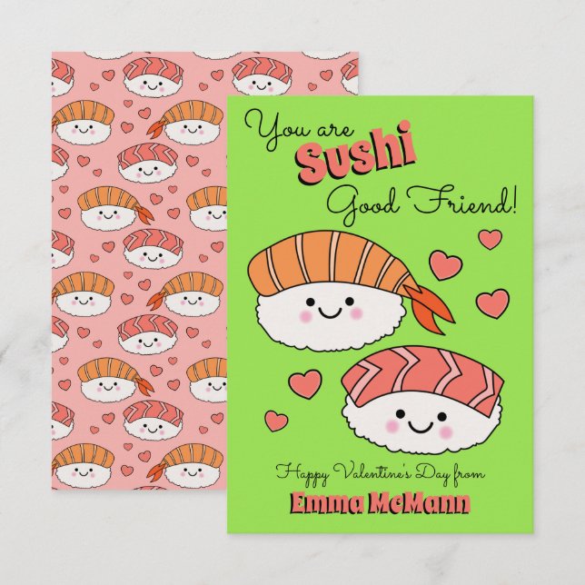 Sushi Friendship Kids Classroom Valentine Cards (Front/Back)