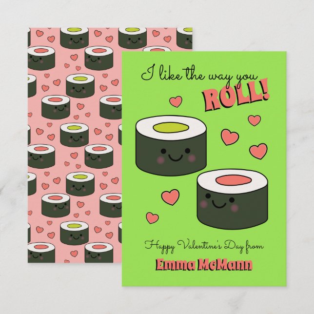Sushi Friendship Kids Classroom Valentine Cards (Front/Back)