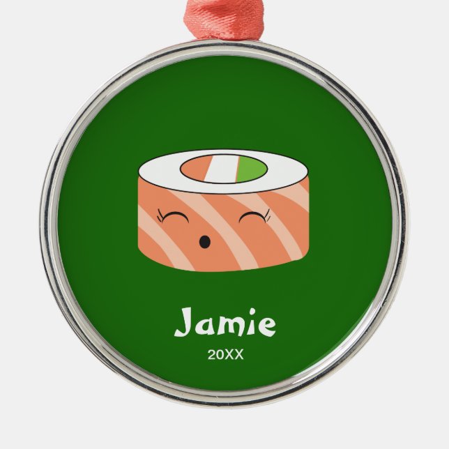 Sushi Holiday Illustration Custom Name Metal Tree Decoration (Front)