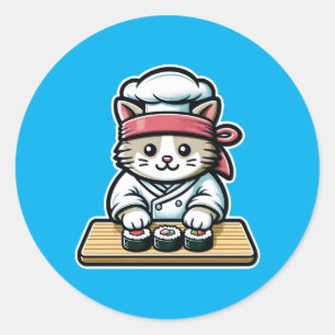 Sushi-Making Cat: Humorous Chef Art Classic Round Sticker
