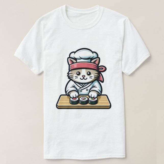Sushi-Making Cat: Humorous Chef Art T-Shirt (Design Front)
