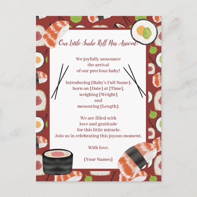 Sushi Neutral Birth Announcement (Front)