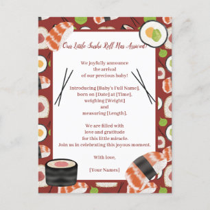 Sushi Neutral Birth Announcement Postcard