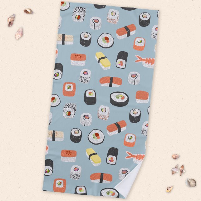 Sushi Nigiri Maki Roll Pattern Beach Towel (Japanese sushi nigiri maki roll pattern fun food themed beach towel)